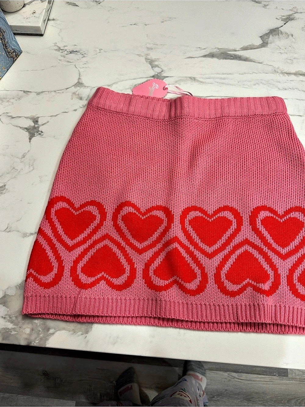Sugar Thrillz Knit Heart Hem Mini Skirt Pink & Red XS/S